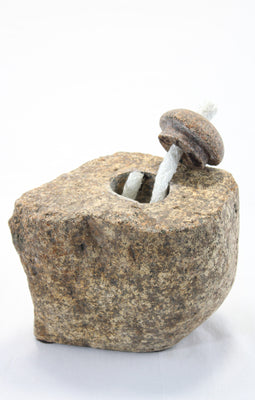 Square shaped beige Granite  Stone Tiki Lamp, with round top-stone holding a 1/2 inch wick.