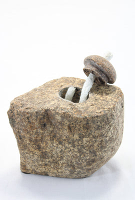Square shaped beige Granite  Stone Tiki Lamp, with round top-stone holding a 1/2 inch wick.